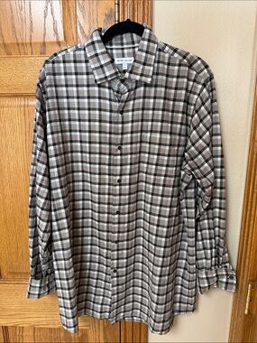 Peter Millar Beige and Black Plaid Button-Down Shirt